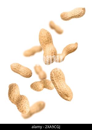 Unpeeled peanuts in air on white background Stock Photo
