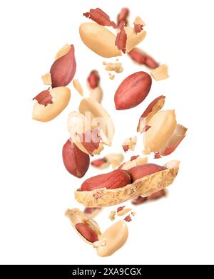 Unpeeled peanuts in air on white background Stock Photo