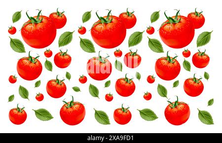 Falling Tomato Isolated on White Background with Green Leaves Stock Photo