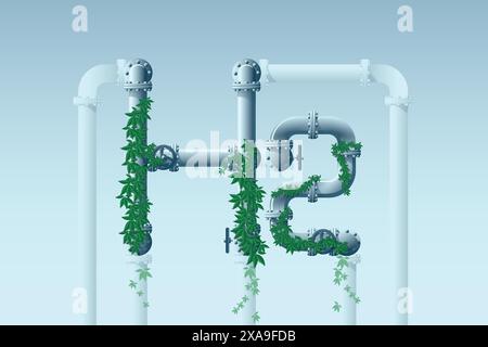 H2 formula from pipes. Green Hydrogen production and transportation concept Stock Vector