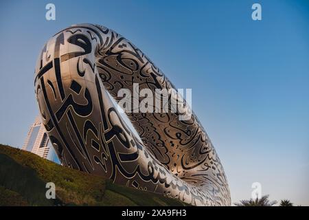 Dubai, UAE - January 16, 2024: Dubai museum of the Future from sheikh zayed road. Modern futuristic Museum built according designed by architect Shaun Stock Photo