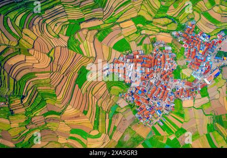 Top view of Poombarai village nestled among terraced fields and lush greenery. It stands in the Palani hills of Kodaikanal,India and offers a pictures Stock Photo