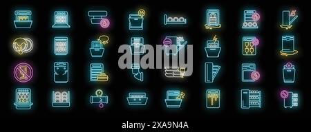 Repair dishwasher icons set outline vector. Heating plumber. Heater pipe neon color on black Stock Vector