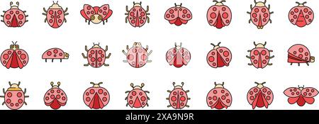 Insect ladybird icons set outline vector. Child fly. Insect bug thin line color flat on white Stock Vector