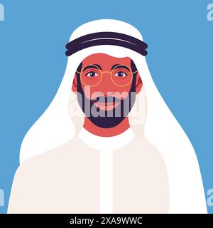 Portrait of a young Arab man with a beard. Middle Eastern Ethnicity businessman in national clothes. Vector flat illustration Stock Vector