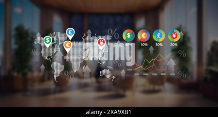 economic concepts. graphs of international currencies with arrows and percentages indicating growth. world map. Stock Photo