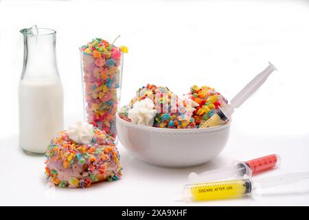 A vibrant bowl of sprinkles, a jug of milk and syringes filled with colorful liquid, ice cream Stock Photo