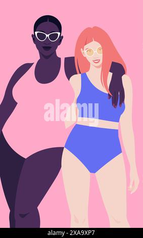 African and red-haired young women in swimsuits and sunglasses standing in an embrace. Female students on summer vacation. Vector flat illustration Stock Vector