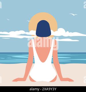 An Asian woman sits alone on a sandy beach, enjoying the view of the sea. View from the back. Summer vacation at resort. Vector flat illustration Stock Vector