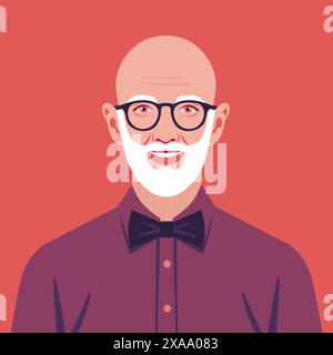 Portrait of an elderly man with bow tie. Face of happy grandfather. Vector flat illustration Stock Vector