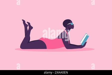 An African woman in a swimsuit is lying and reading a book. Female student on summer vacation. Vector flat illustration Stock Vector