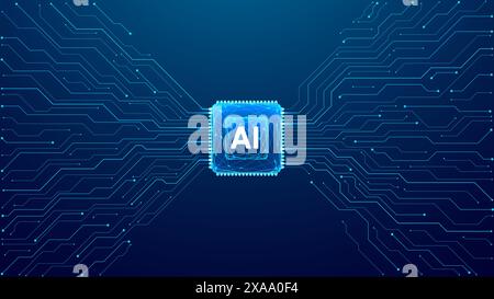 AI polygonal chip with circuit elements on dark blue technology bg. Stock Vector
