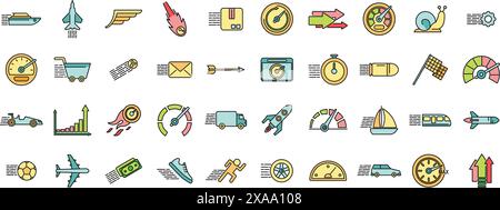 Velocity icons set outline vector. Efficient production. Plan work thin line color flat on white Stock Vector