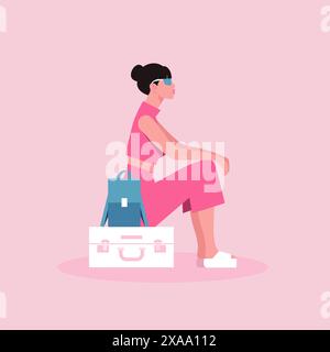 An Asian woman is sitting on a suitcase. Travel expectation. Journey. Waiting for a flight at the airport. Vector Flat Illustration Stock Vector