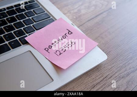 Sticky note with the word "password 123456" on a laptop keyboard. Data protection, password strength concept. Stock Photo