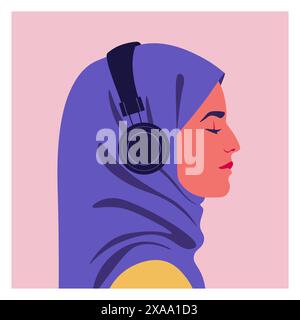 Profile of a muslim woman listens to music on headphones. Music therapy. Side view of an Arab student in headscarf. Avatar of a teenager. Vector flat Stock Vector