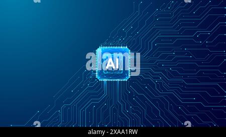 Abstract AI chip with circuit elements on dark blue technology bg. Stock Vector