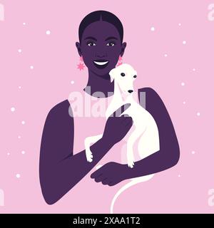 An African woman holding a puppy. Pet adoption. Veterinary. Vector illustration in flat style Stock Vector