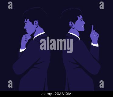 A young businessman is standing in profile. An Asian man is thinking. Ideas for business. Innovation and startup. Vector flat illustration Stock Vector