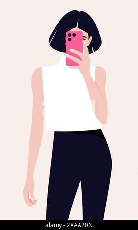 Portrait of fashion woman holding smart phone in hand shooting selfie on front camera. A blogger is photographed. Vector flat illustration Stock Vector