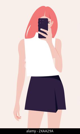 Portrait of a redhead woman holding smart phone in hand shooting selfie on front camera. A blogger is photographed. Vector flat illustration Stock Vector