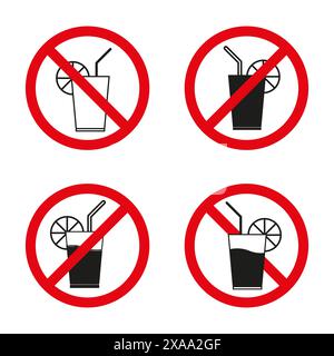 No drinks allowed. Red prohibition symbols. Glass with straw and lemon. Vector illustration. Stock Vector