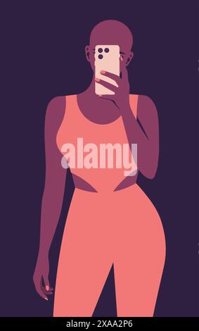 Portrait of a bald African woman holding smart phone in hand shooting selfie on front camera. A blogger is photographed for a social media. Vector fla Stock Vector