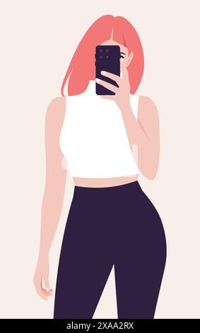 Portrait of curve redhead woman holding smart phone in hand shooting selfie on front camera. A blogger is photographed. Vector flat illustration Stock Vector