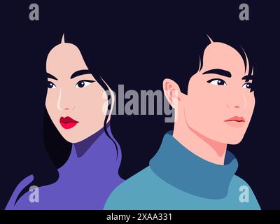 Portrait of a young Asian couple are half turned. Woman and man on dark background. Family relationships. Divorce. Vector flat illustration Stock Vector