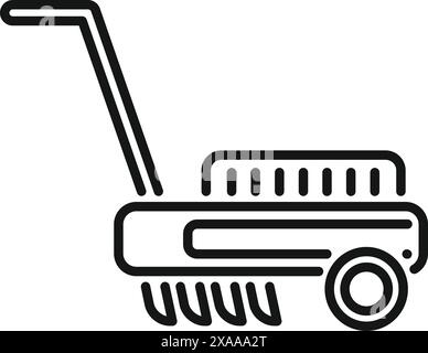 Simple black and white illustration of a lawn mower in line art style, suitable for icons or logos Stock Vector