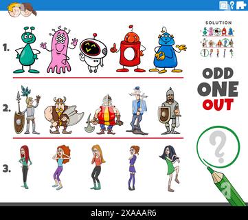 Cartoon illustration of odd one out picture in a row educational activity game with comic characters Stock Vector