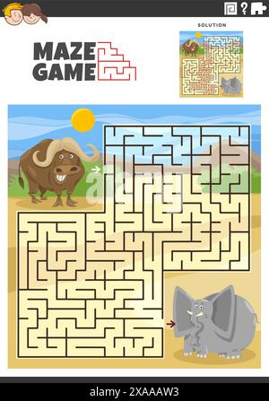 Cartoon illustration of educational maze puzzle game with African buffalo and elephant animal characters Stock Vector