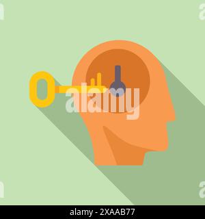 Creative flat design of a key unlocking a human head, symbolizing ideas, solutions, and mental unlock Stock Vector