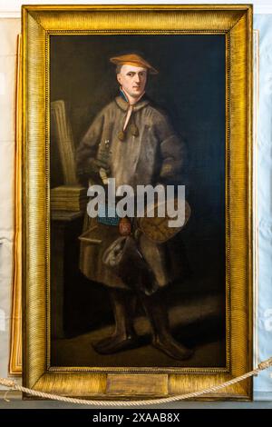 The portrait "Linnaeus in his Lapland Dress" in the Linnaeus Museum, Uppsala, shows Carl Linnaeus as a young student in Sami-inspired dress. Martin Hoffman painted it in 1737 after Linnaeus returned from his expedition to Lapland. In his right hand, Linnaeus holds the twinflower (Linnaea borealis), the twin-blossomed plant later named after him that appears in almost every portrait of him. Skolgatan, Uppsala, Uppsala County, Sweden. Stock Photo