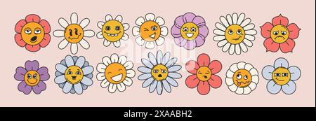 Vector groovy daisy flowers set with funny smiling faces. Funky flower characters with emotions. Cute bloom chamomile in trendy retro groovy style. Hippie floral sticker pack, trippy plants with eyes. Stock Vector