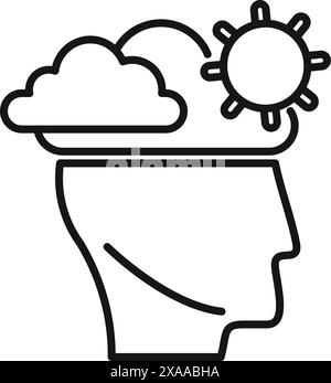 Linear graphic of a human head with sun and cloud symbols, denoting creativity or mindset Stock Vector