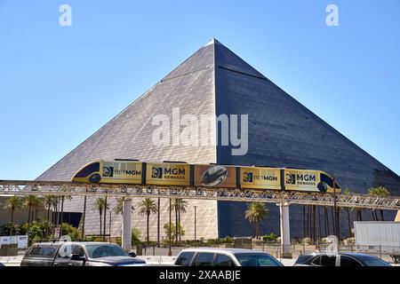 Las Vegas, Nevada, United States of America - June 5, 2024: The Luxor Hotel and Casino in Las Vegas is shaped like a pyramid and is located at the end of the famous Las Vegas Strip *** Das Luxor Hotel und Casino in Las Vegas hat die Form einer Pyramide und liegt am ende des berühmten Las Vegas Strips Stock Photo