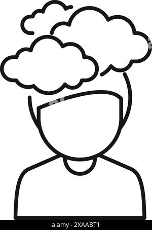 Line art illustration of a person with clouds above their head, depicting thought or dreaminess Stock Vector