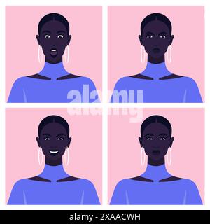 A set of emotions of an African woman's face. Avatars. Happiness, anger, sadness and surprise. Vector illustration Stock Vector