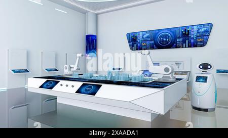 Futuristic Sci-Fi Hallway Interior with Hologram table, Smart Robot and Monitor Screen on Wall, 3D Rendering Stock Photo