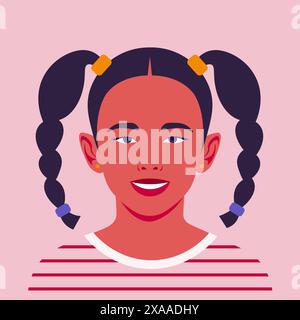 Portrait of a happy Asian girl. The face of a smiling child. Avatar of a schoolgirl. Vector flat illustration Stock Vector