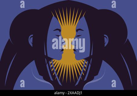 Portraits of two Asian women in profile. The faces of the twin sisters. Gemini. Vector flat illustration Stock Vector