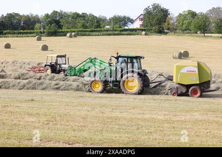 Limousin, France. June 5, 2024. Haymaking in Limousin. After the long spring rains, it is time to harvest hay in the southwest of France. This hay harvested by Limousin farmers will be used during the winter to feed Limousin beef cows. Agriculture, farmers, cattle breeders, cattle breeding, agricultural work, food. Limousin, Nouvelle Aquitaine, France. Europe. Credit: Photo by Hugo Martin/Alamy Live News. Stock Photo