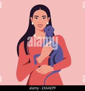 A young Asian woman holding an Italian greyhound puppy. Happy dog breeding. Veterinary. Vector illustration in flat style Stock Vector