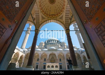 Suleymaniye Mosque wide angle view from courtyard. Islamic concept background. Istanbul Turkiye - 4.29.2021 Stock Photo