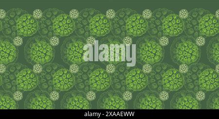 Vector green monochrome background horizontal pattern with hand drawn lotus seed pods. Suitable for invitation card and oriental theme brochures Stock Vector