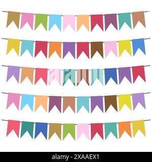 Colorful flags and bunting garlands for decoration. Decor elements with various patterns. Vector illustration Stock Vector