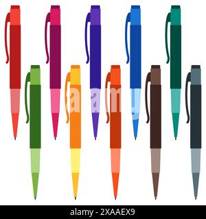 Set of multi-colored pens on a white background. Vector illustration. Stock Vector