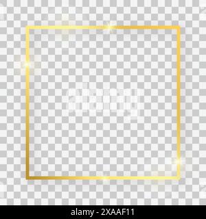 Gold shiny square frame with glowing effects and shadows on transparent background. Vector illustration Stock Vector