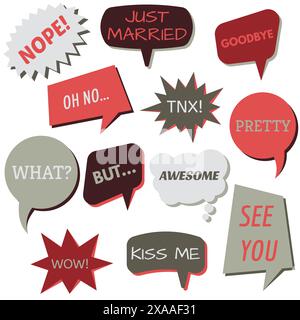 Set of speech bubbles on a white background with different inscriptions in the middle. Speech bubbles with short phrases. Vector illustration. Stock Vector